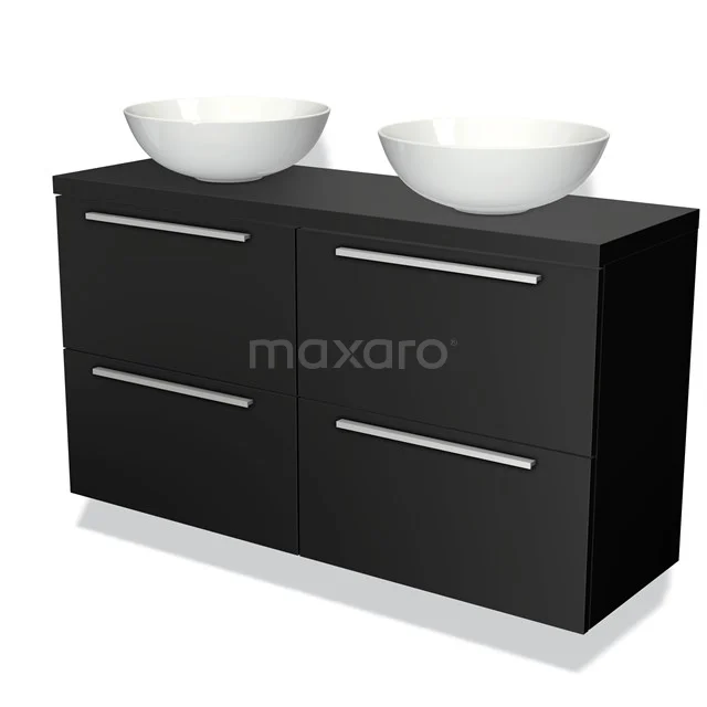 Black Bathroom unit with double vanity units for countertop wash basins, modern style, sleek chrome handles, ideal for a stylish bathroom.