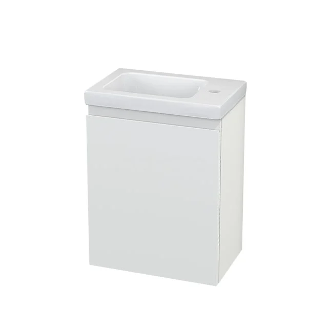 Weißer Badschrank mit integriertem Waschbecken, modernes Design, geeignet für kompakte Badezimmer.