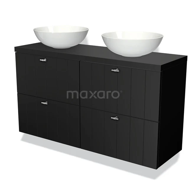 Zwart houten badkamermeubel met dubbele witte waskom en vier lades; modern design, ideaal voor stijlvolle badkamers.