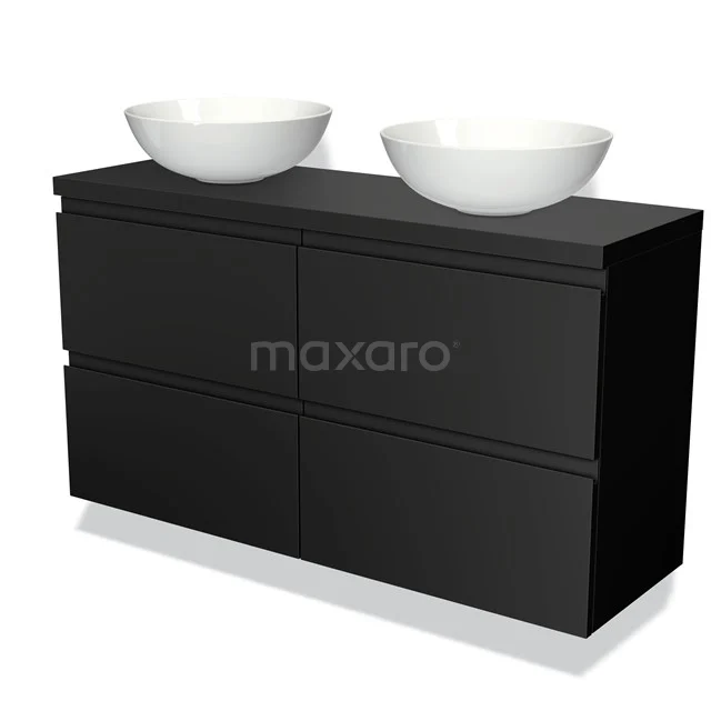 Zwarte badkamermeubelset met 4 lades en 2 witte wastafelkommen, strak design en ideaal voor een moderne badkamer.
