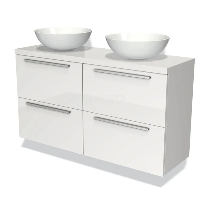 Waschtischunterschrank mit Konsole 120cm Modulo Plato Slim Hochglanz Weiß 4 Schubladen Flach BMK38-00007 Weiße, moderne Badmöbel mit doppelten runden Aufsatzwaschbecken und vier Schubladen, perfekt für stilvolle Badezimmerlagerung.