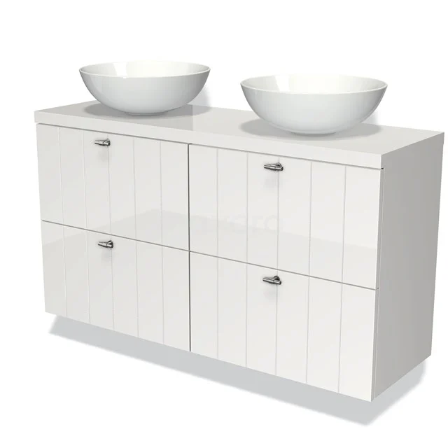 Weißes Badmöbel mit doppeltem Aufsatzwaschbecken, glänzender Oberfläche, vier Schubladen und modernem Design, ideal für ein stilvolles Badezimmer.