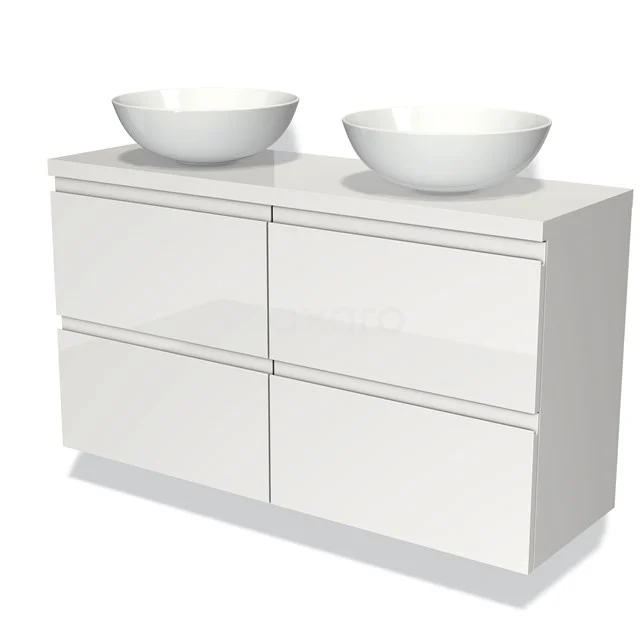 Weißes Hochglanz-Badmöbel mit doppelten keramischen Aufsatzwaschbecken, modernem Design und sechs geräumigen Schubladen für optimalen Stauraum.