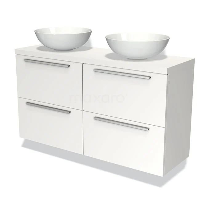 Badmöbel mit Konsole 120cm Modulo Plato Slim Matt Weiß 4 Schubladen Flach BMK38-00010 Weiße Badmöbelset mit doppelten Aufsatzwaschbecken, schlichten metallischen Haltegriffen und vier geräumigen Schubladen für optimale Aufbewahrung.