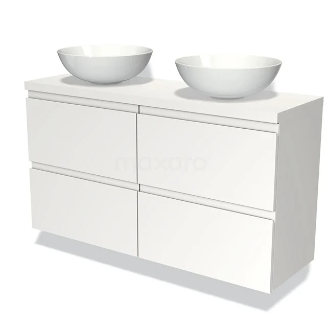 Weiße Badmöbelset mit 4 Schubladen und 2 runden Aufsatzwaschbecken, modernes Design, perfekt für stilvolle Badezimmereinrichtungen.