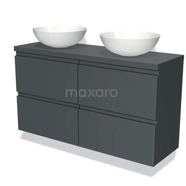 Grijze badkamermeubelset met dubbele witte waskommen, strak design, ideaal voor moderne badkamers.