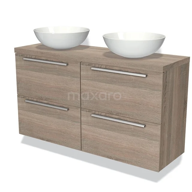 Modulo Plato Slim Badmöbel mit Aufsatzwaschbecken | 120 cm Eiche Flach front Eiche blatt 4 Schubladen BMK38-00019 Holz Badezimmermöbel mit heller Eiche Finish und doppelten weißen Aufsatzwaschbecken, perfekt für moderne Bäder.