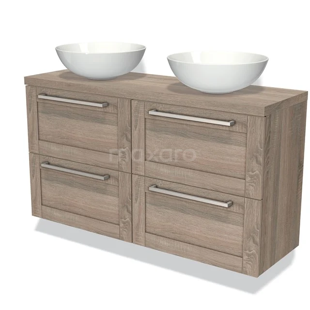 Holz Badezimmermöbel mit doppeltem Aufsatzwaschbecken, modernes Design, ausgeführt in heller Eiche mit metallischen Haltegriffen.