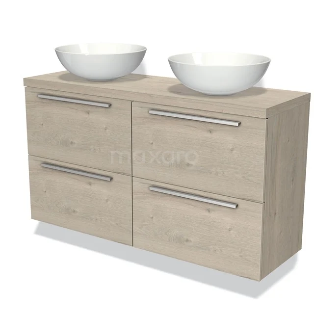 Houten badkamermeubel met 4 lades en dubbele waskommen, licht eikenlook, perfect voor een moderne badkamerinrichting.