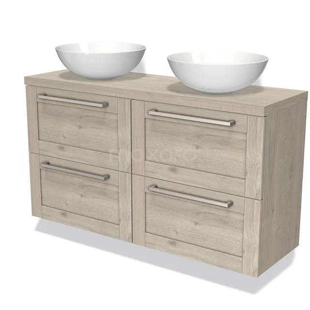 Wooden vanity units with double basin, light oak colour, four drawers with metal handles, modern design.