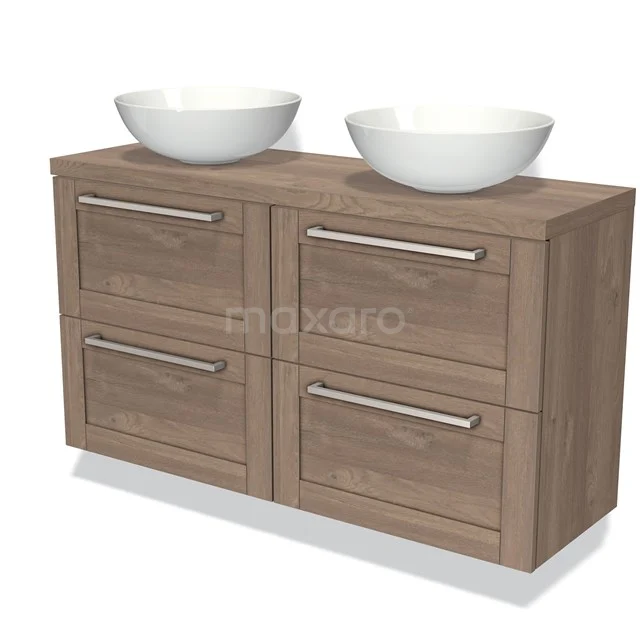 Houten badkamermeubel met dubbele waskommen, natuurlijke uitstraling, vier lades en moderne metalen grepen.