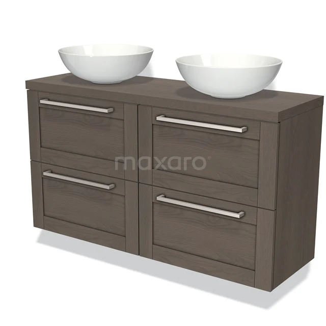 Modern wooden bathroom unit with double white basin bowls, four drawers and metal handles.