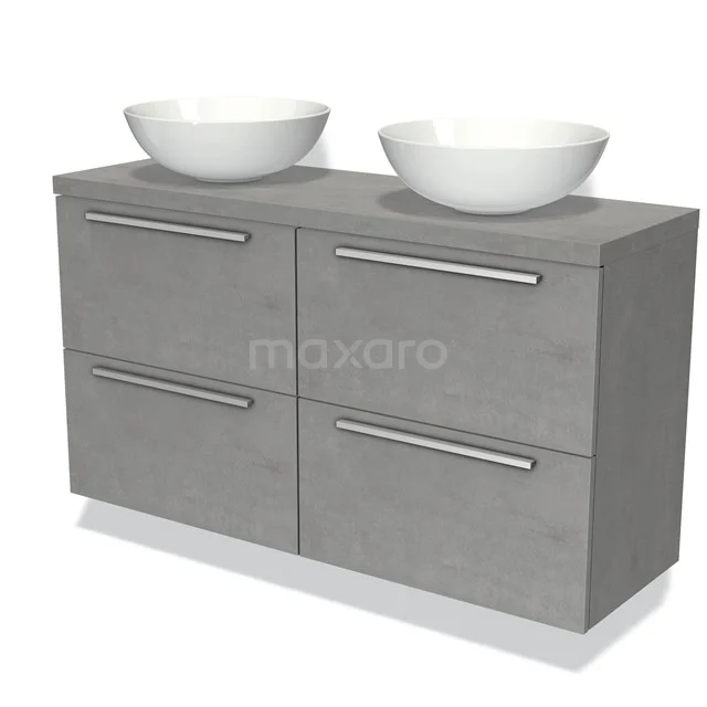 Grijs houten badkamermeubel met twee witte waskommen, vier lades en strak design voor een moderne badkamer.