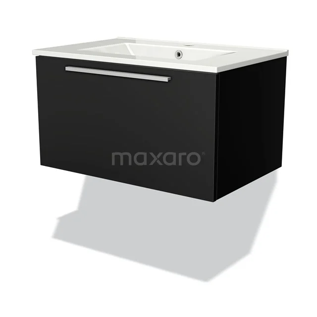 Black floating bathroom furniture set with white ceramic Basin worktop and silver handle, modern and sleek design.