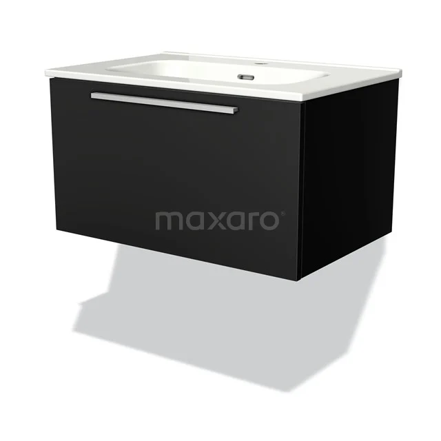 Black hanging vanity unit with white ceramic basin, sleek design and chrome handle, ideal for a modern bathroom.