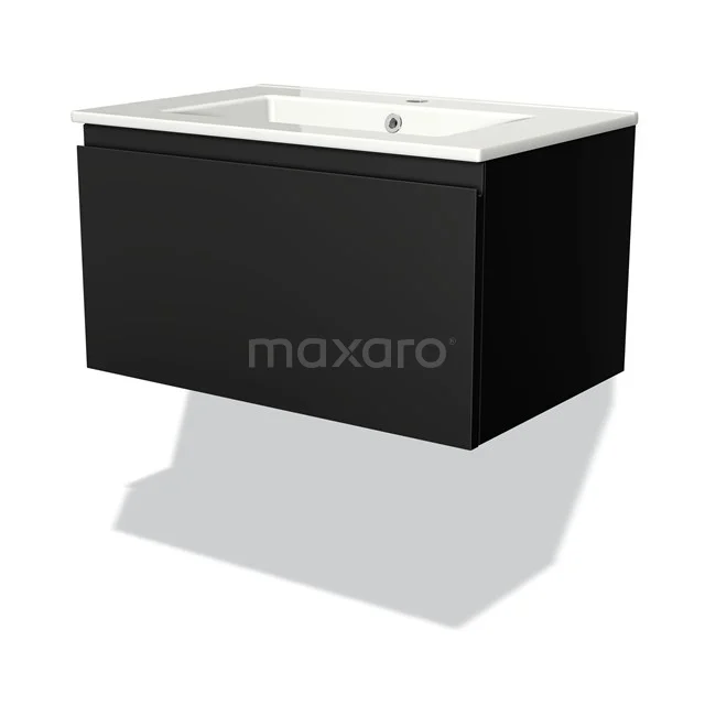 Black hanging basin cabinet with white ceramic sink, sleek design, ideal for modern bathrooms.