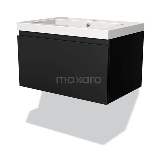 Black hanging bathroom cabinet with basin, modern finish, matte plastic front and integral ceramic worktop.