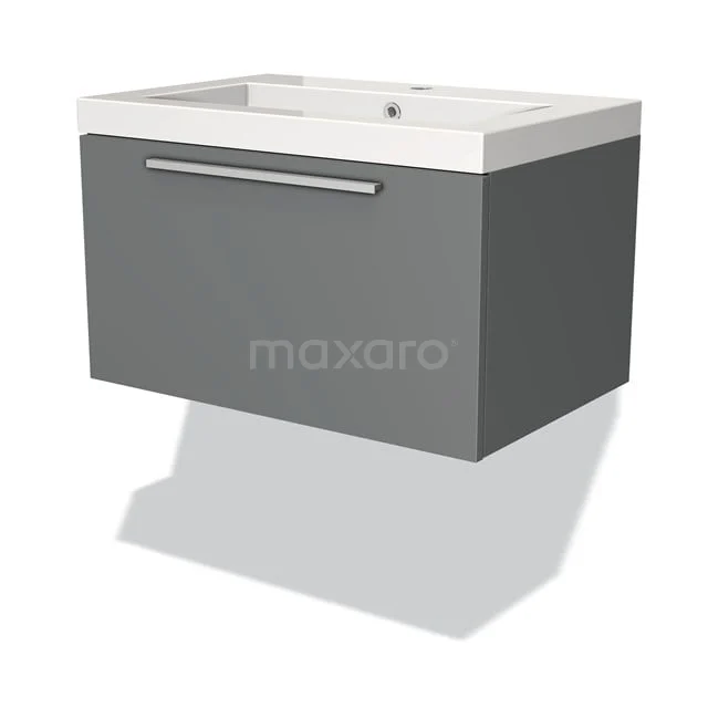 Badmöbel 70cm Modulo Mittelgrau 1 Schubladen-Flachwaschbecken Mineralguss BMW11-00650 Grauer hängender Badschrank mit weißem Waschbecken, schlankes Design, metallischer Haltegriff, ideal für moderne Bäder.