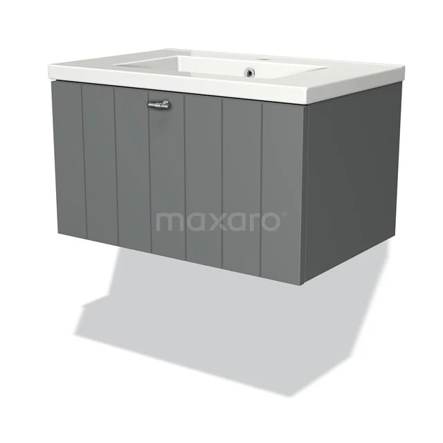 Grey wall-mounted bathroom cabinet with white basin, vertical panels and modern finish, ideal for stylish bathroom design.