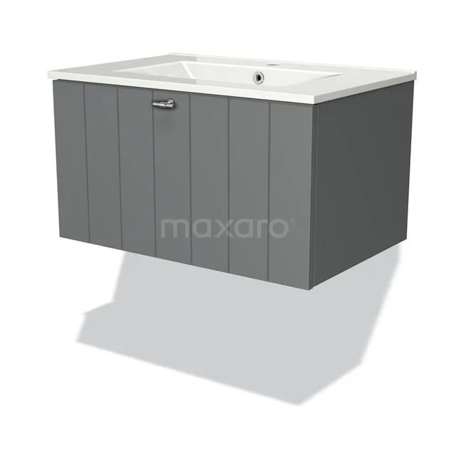 Grauer Badschrank mit weißem Waschbecken, Holzpaneel-Design, modernem Stil und Chromgriff, ideal für Stauraum im Badezimmer.