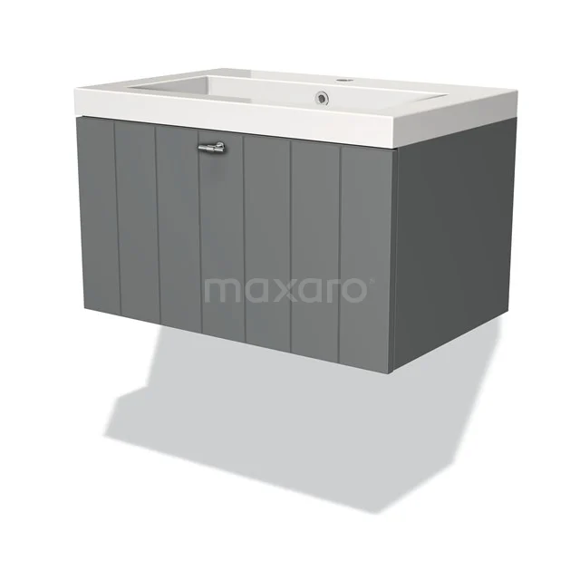 Grauer hängender Badschrank mit weißem keramischen Waschbecken, Holz-Optik Paneelen und modernem integriertem Haltegriff.