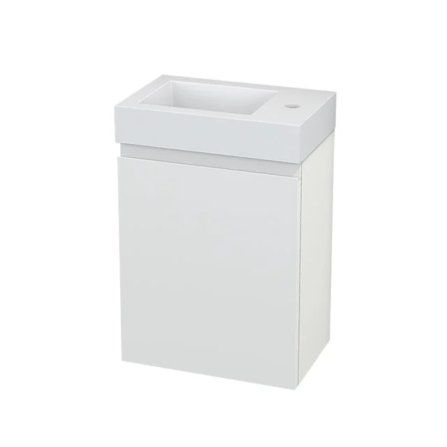 Compact white vanity unit, rectangular design, modern style, ideal for small bathrooms.