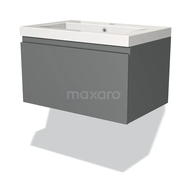 Grey floating bathroom unit with drawer and white ceramic basin worktop, sleek and modern design.