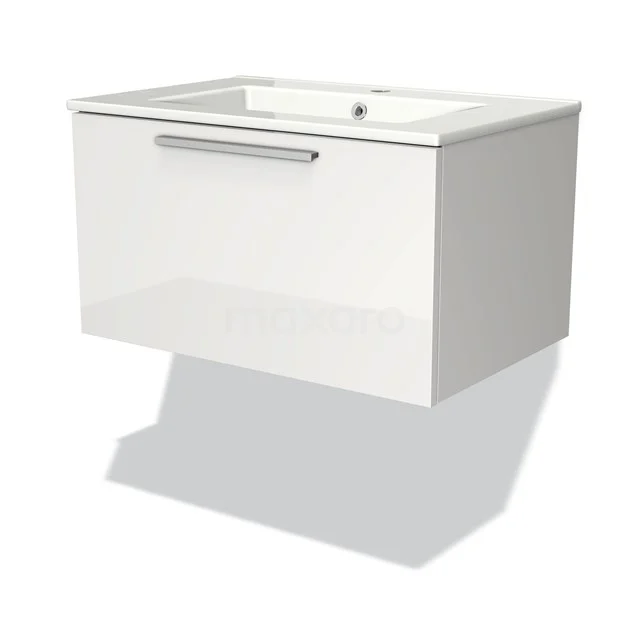White suspended bathroom unit with drawers and integrated vanity units with basin, modern design, glossy finish.