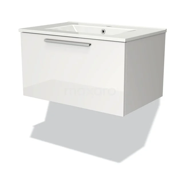 Badmöbel 70cm Modulo Hochglanz Weiß 1 Schublade Flaches Waschbecken aus Keramik BMW11-00666 Weißes hängendes Badmöbel mit glänzender Oberfläche, geradlinigem Design und integriertem Waschbecken, ideal für moderne Bäder.