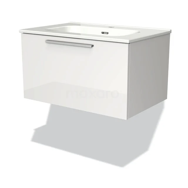 Weißes hängendes Badezimmermöbel mit integriertem Waschbecken, modernes Design, glänzende Oberfläche und minimalistischer Haltegriff.