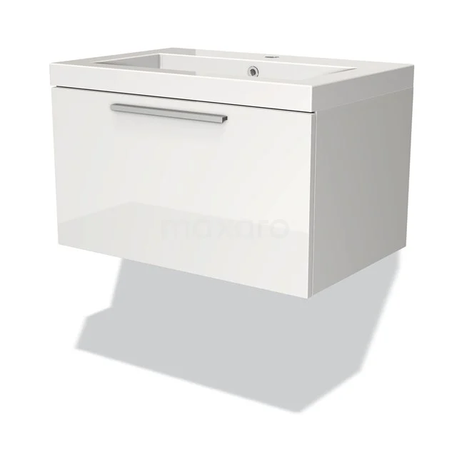 Badmöbel 70cm Modulo Hochglanz Weiß 1 Schublade Flaches Waschbecken Mineralguss BMW11-00668 Weiße schwebende Waschtisch mit glänzender Oberfläche, einer Schublade und Chrom Haltegriff, ideal für moderne Badezimmer.