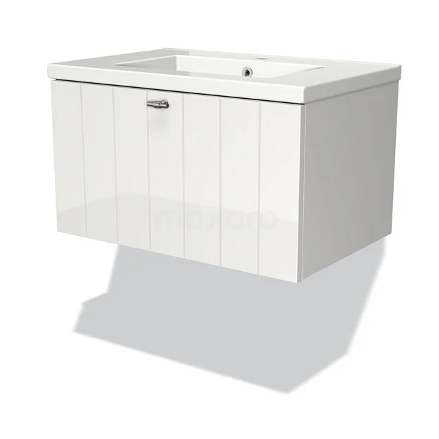 Modulo Bathroom furniture with sink | 70 cm High-gloss white Slat front Ceramic 1 drawer BMW11-00671 White suspended bathroom unit with built-in vanity units with basin, modern design and drawers with subtle vertical lines.
