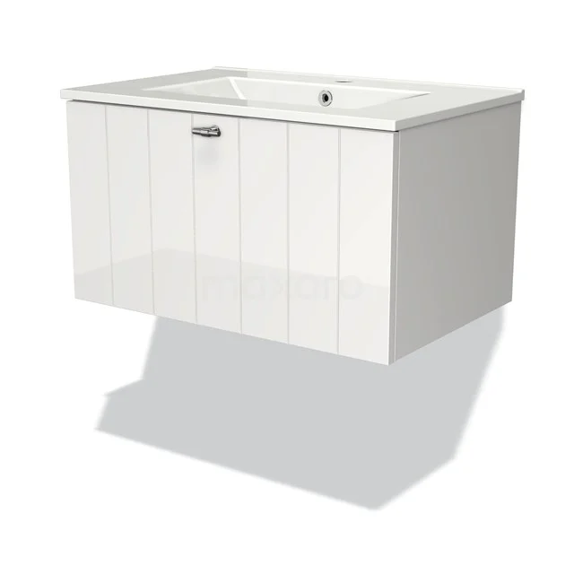 Weißes hängendes Badmöbel mit Schublade, modernes Design, horizontale Rillen, ideale Aufbewahrungslösung für ein stilvolles Badezimmer.