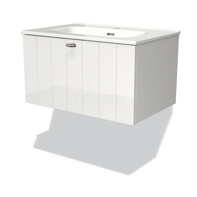 White suspended bathroom unit with integrated vanity units with basin, lacquered finish and vertical grooves for a modern look.