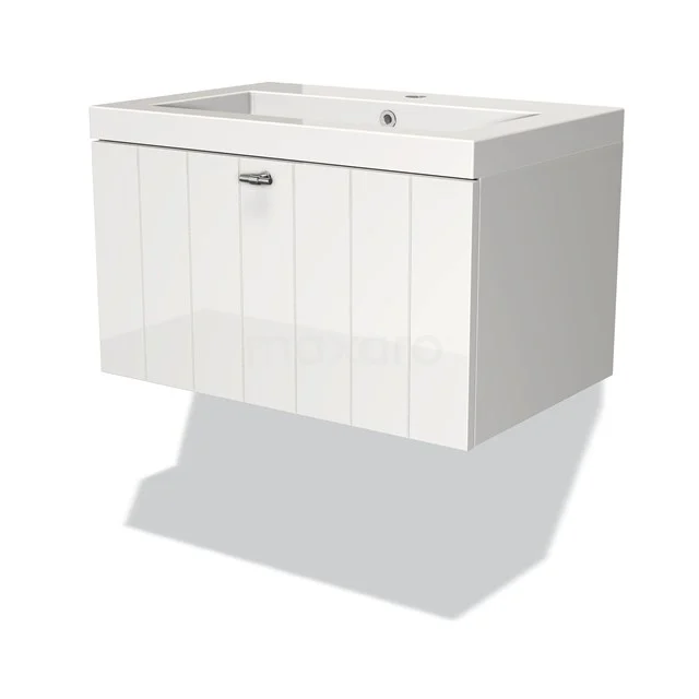 Modulo Vanity units with basin | 70 cm High-gloss white Slat front Mineral marble 1 drawer BMW11-00674 White floating bathroom unit with wooden slats and ceramic vanity units with basin, ideal for a modern bathroom style.