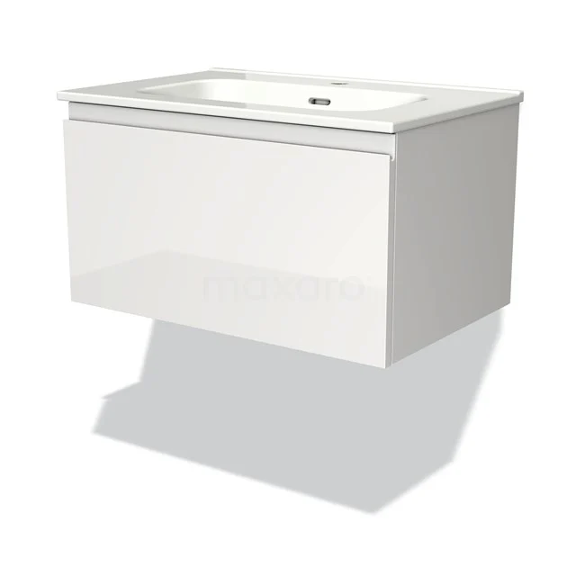 Badmöbel 70cm Modulo Hochglanz Weiß 1 Schublade griffloses Waschbecken Keramik BMW11-00679 Weiße, hängende Waschtisch mit glänzender Oberfläche und integriertem Waschbecken, perfekt für einen modernen Badezimmerstil.