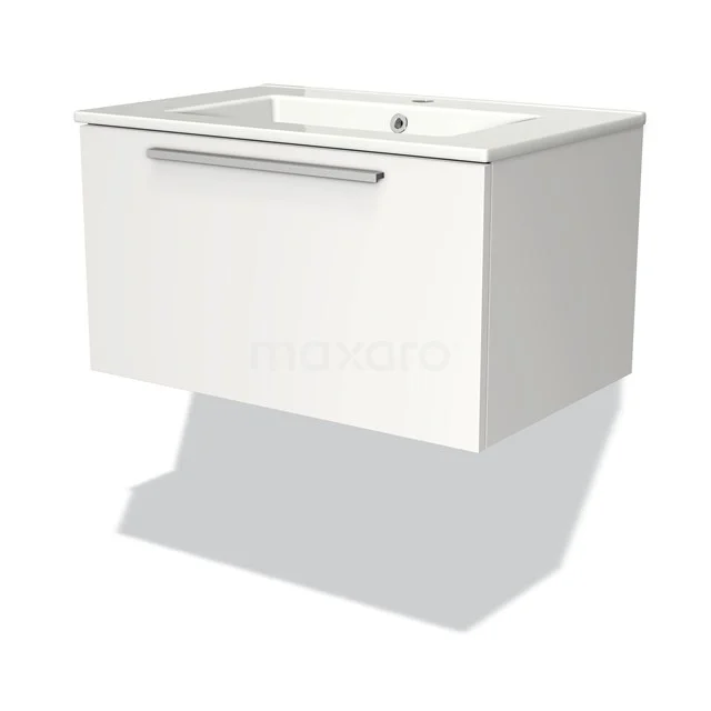 White floating bathroom unit with drawers and metal handle, fitted with a ceramic basin.