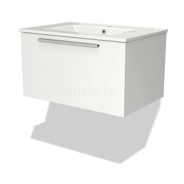 Weißes hängendes Badmöbel mit integriertem Waschbecken und metallischem Haltegriff, modernes Design und Kunststofffront.