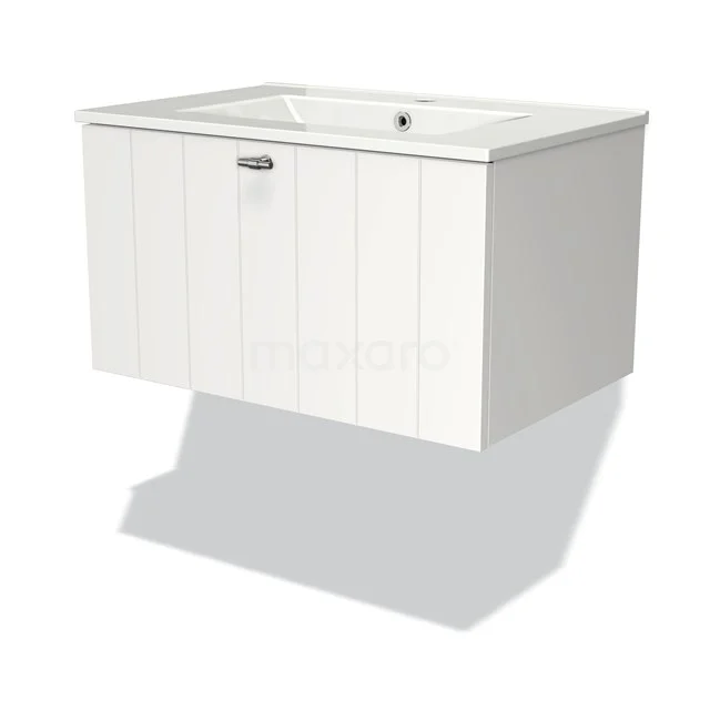 Weißes hängendes Badezimmermöbel mit integriertem Waschbecken, Holzlook-Frontpanelen und silbernem Haltegriff. Klassisches Badezimmerdesign.