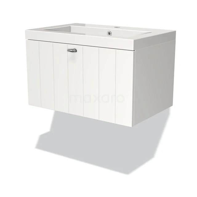 Modulo Bathroom furniture with sink | 70 cm Matte white Slat front Mineral marble 1 drawer BMW11-00692 White hanging bathroom unit with oak veneer, single sink and vertical grooves, sleek design for modern bathrooms.