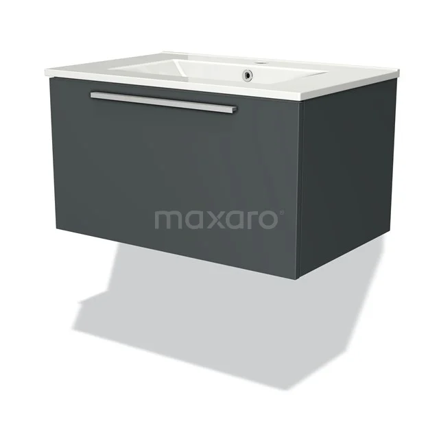 Grey hanging vanity unit with a white ceramic sink, sleek design, ideal for modern bathrooms.