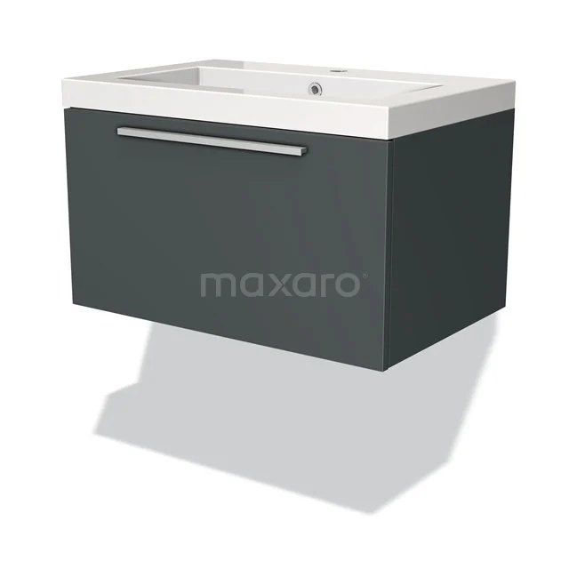 Dunkelgraues hängendes Badmöbel mit weißem Waschbecken, schlichtes Design, metallischer Haltegriff und Softclose-Schublade, ideal für moderne Bäder.