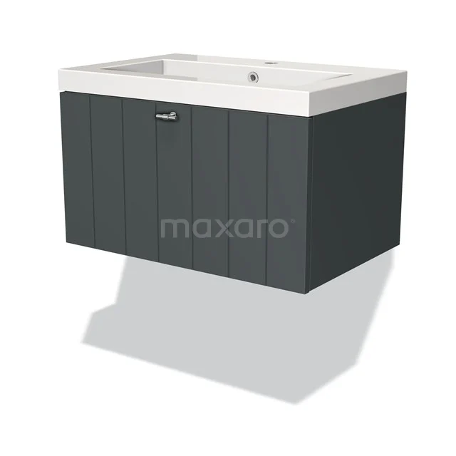 Dark grey suspended bathroom unit with white vanity units with basin, modern design and fine vertical grooves.