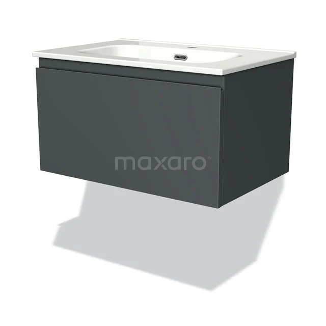 Dark grey hanging bathroom cabinet with ceramic basin, sleek design and matte finish, perfect for modern bathrooms.