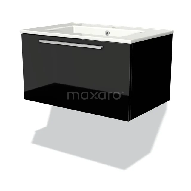 Black hanging bathroom cabinet with glossy finish, integrated white basin and black metal handle.