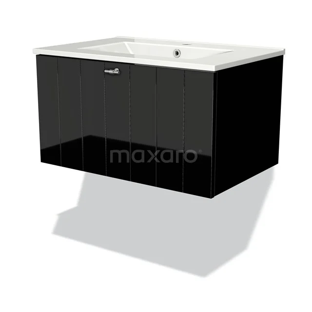 Floating high-gloss black vanity unit, rectangular design with white ceramic basin, ideal for a modern bathroom.
