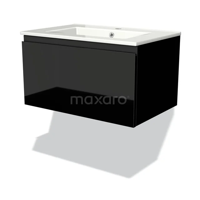 Schwarzer Badschrank mit glänzender Oberfläche, integriertem weißen Waschbecken und minimalistischem Design. Perfekt für moderne Bäder.