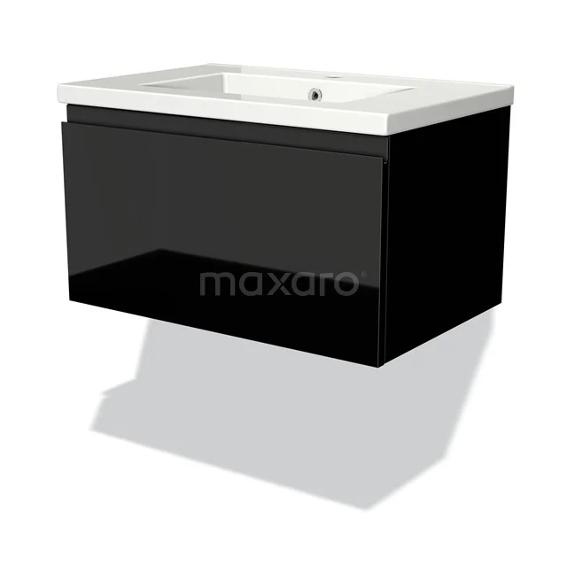 Modulo Vanity units with basin | 70 cm High-gloss black Handle-less front Ceramic 1 drawer BMW11-00731 Black bathroom unit with glossy finish, white ceramic sink and modern floating design.