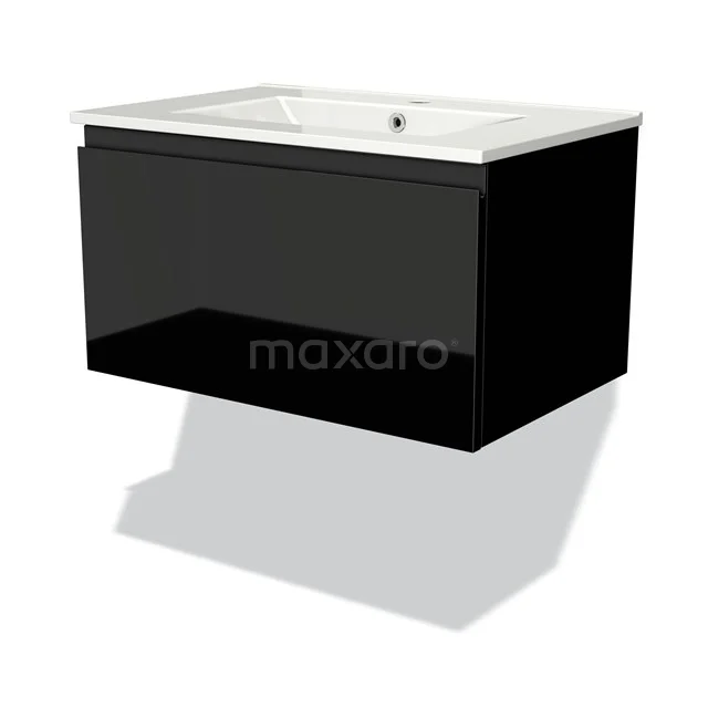 Schwarzer schwebender Badschrank mit glänzender Oberfläche und weißem keramischen Waschbecken, schlankes Design für moderne Bäder.