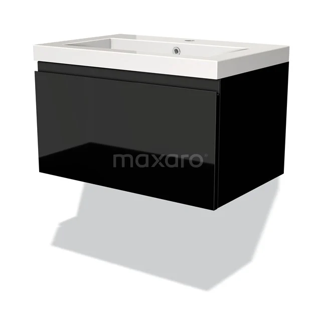 Schwarzes hängendes Badmöbel mit glänzender Oberfläche und weißem Waschbecken, modernes Design für stilvolle Badezimmergestaltung.